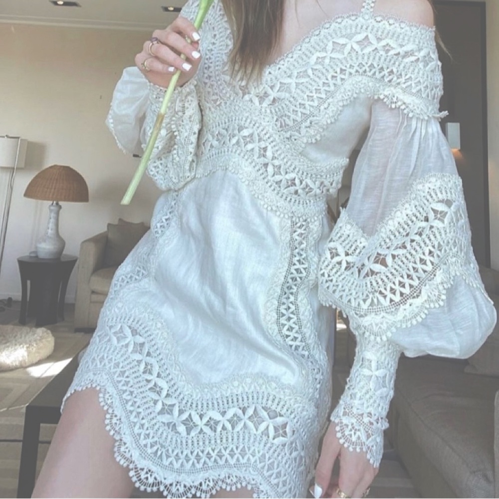Zimmermann Postcard Macramé Lace Trim Silk Linen Embroidered Mini Dress